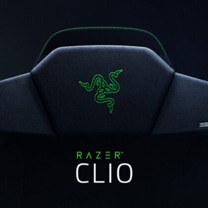a black and green seat with a logo on it